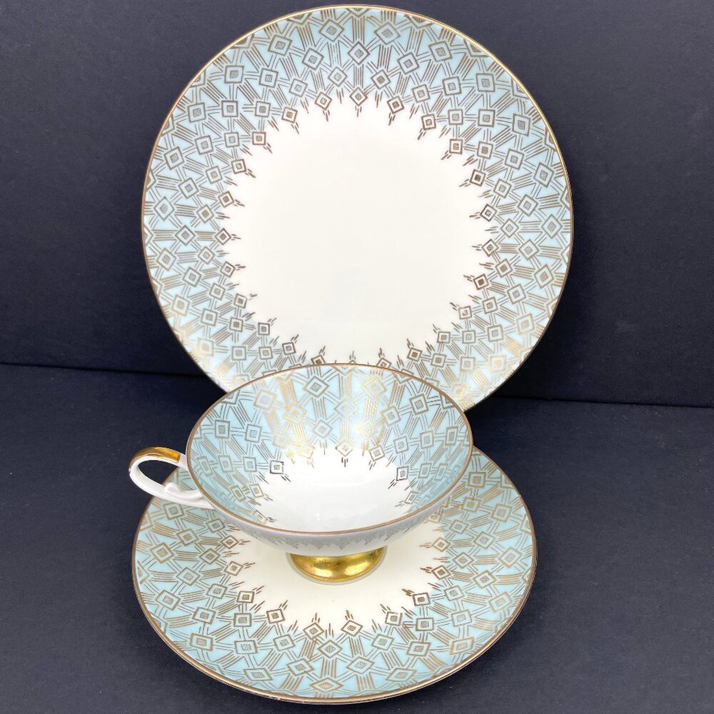 Alka Kunst Bavaria Gold Trio Teacup Saucer & Dessert Plate Square Shape Set 1817
